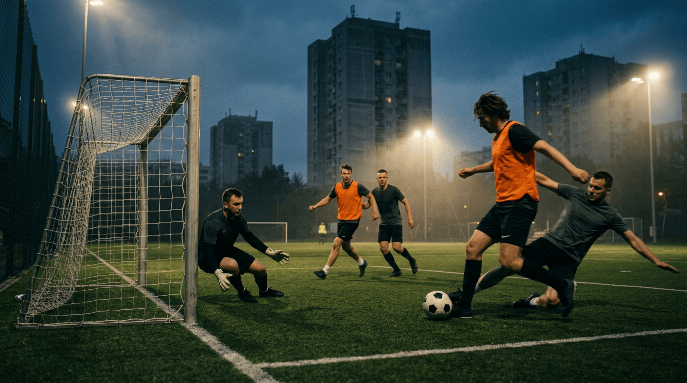 A goalmouth scramble in a floodlit five-a-side game between apartment blocks